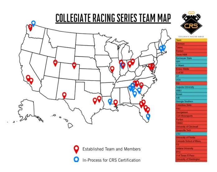 Map of established and developing Collegiate Racing Series teams across the United States